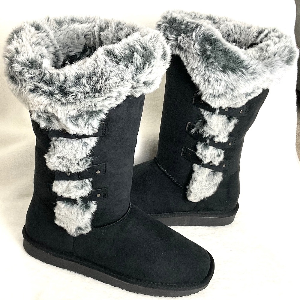HStylish Black  Slip On Calf High Fur-Lined Waterproof Winter Snow Boot - Picture 2 of 15